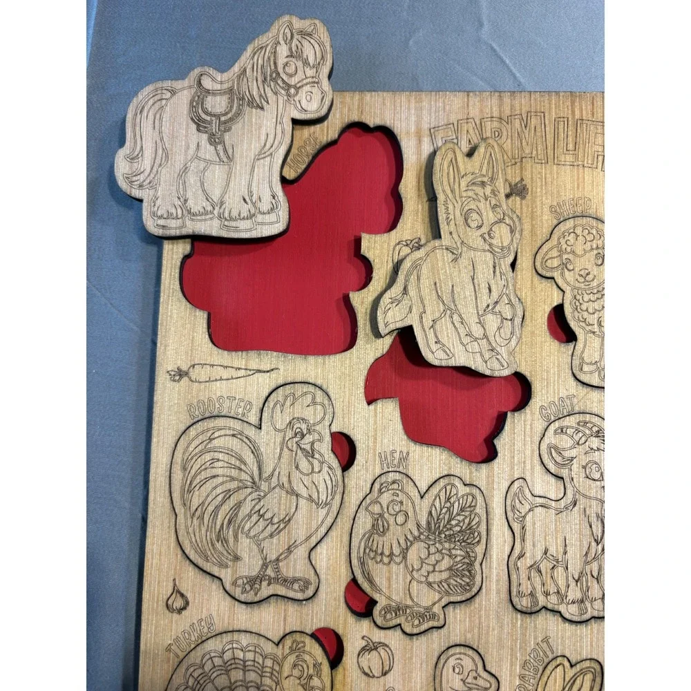 Farm Life Wooden Engraved Animal Chunky Puzzle Educational Toy Kids‎ Wood Board